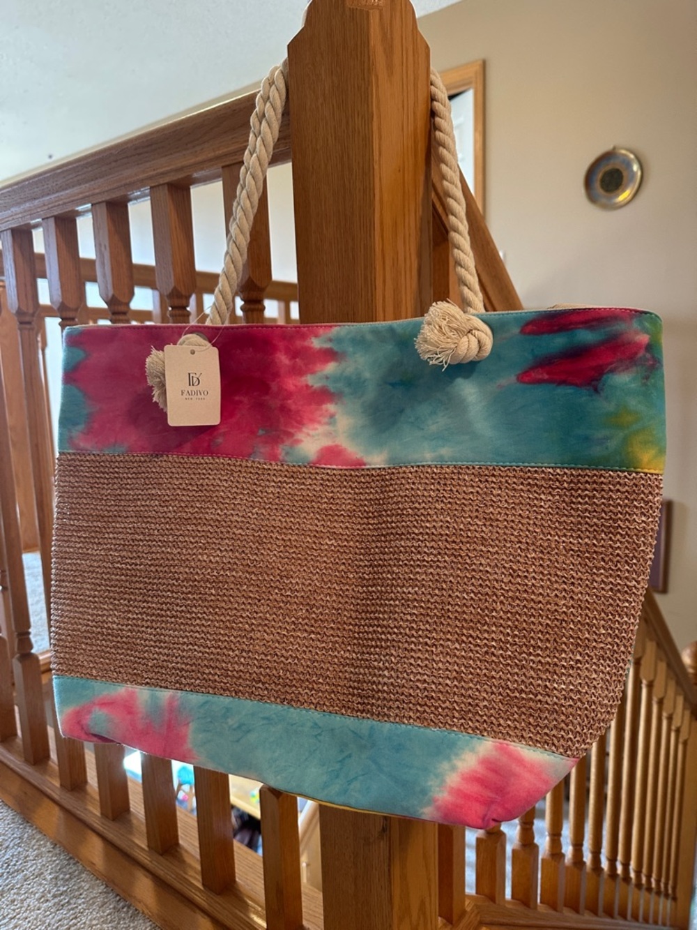 Fadivo Tie-Dye Rope Handle Straw Beach Tote - Pink, Teal, Tan